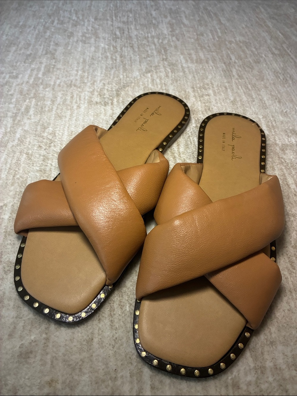Mila Paoli Tan Crisscross Slide Sandals with Studded Trim
